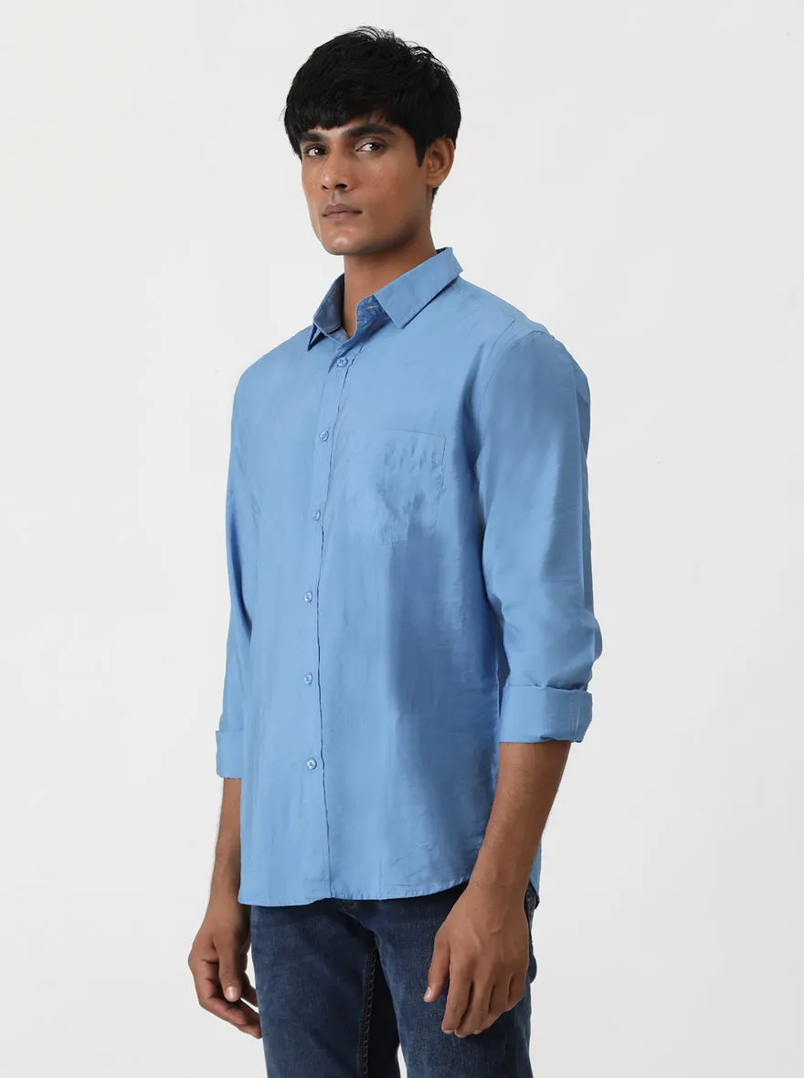 Blue Solid Slim Fit Casual Shirt | Greenfibre