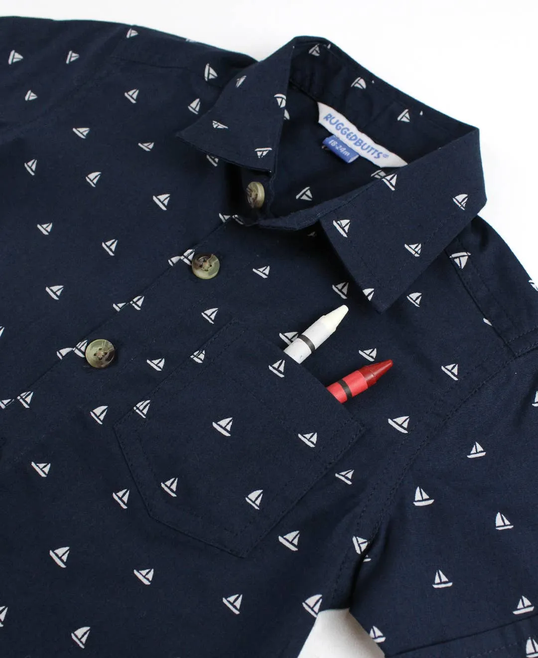 Boys Navy Sailboats Short Sleeve Button Down Shirt 2AP0315