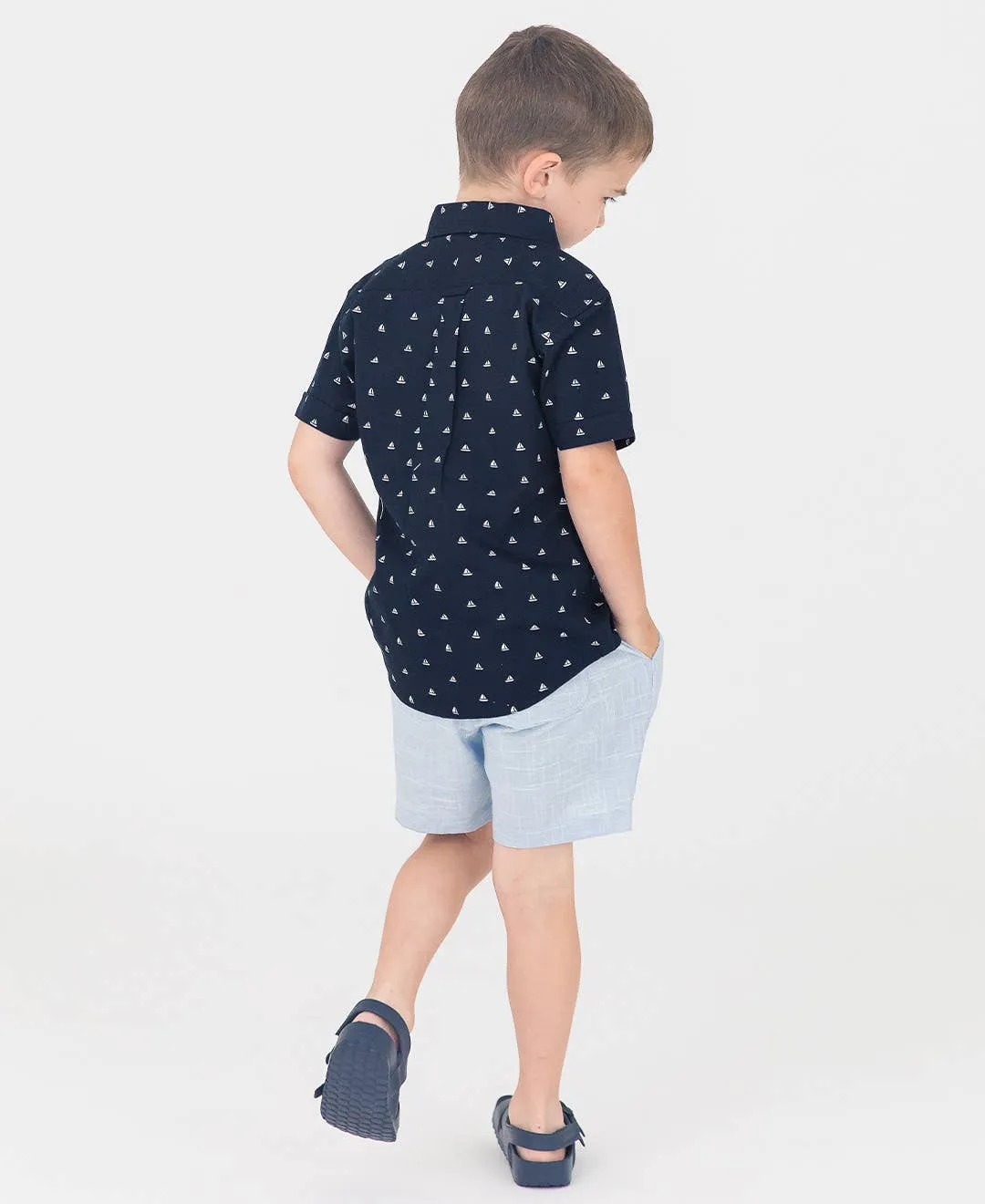 Boys Navy Sailboats Short Sleeve Button Down Shirt 2AP0315