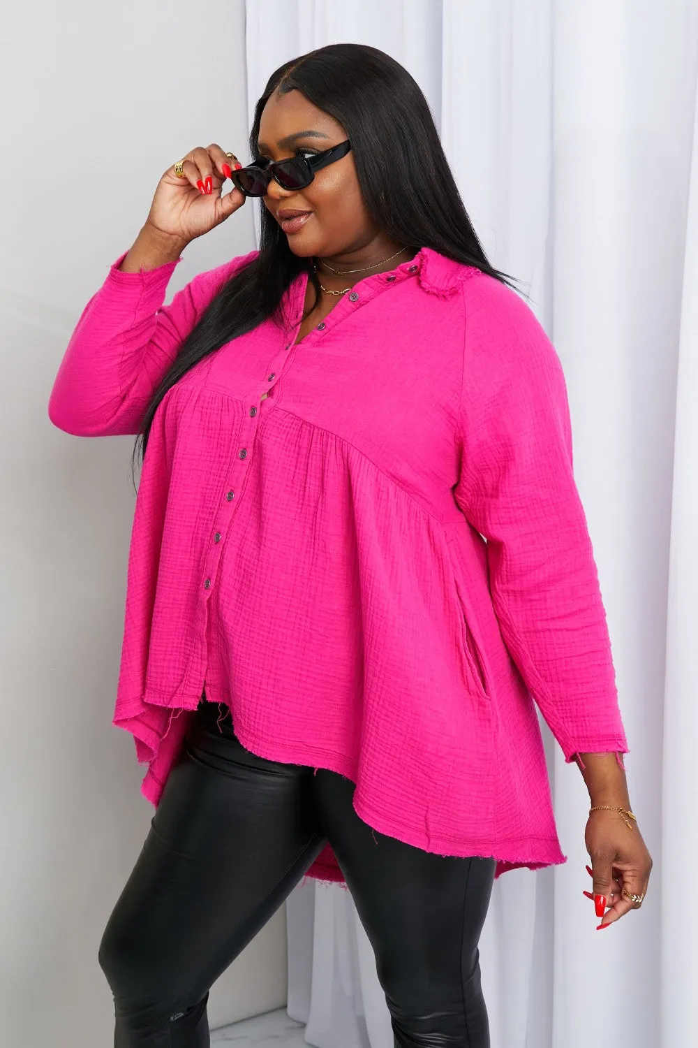 Bright and Airy Raw Edge Peplum Shirt with Pockets in Hot Pink