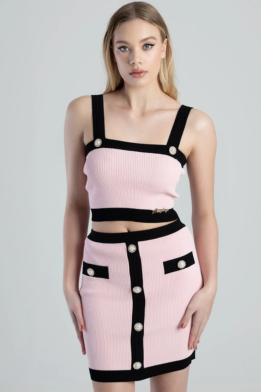 Button Detail Knitted Skirt - Light Pink