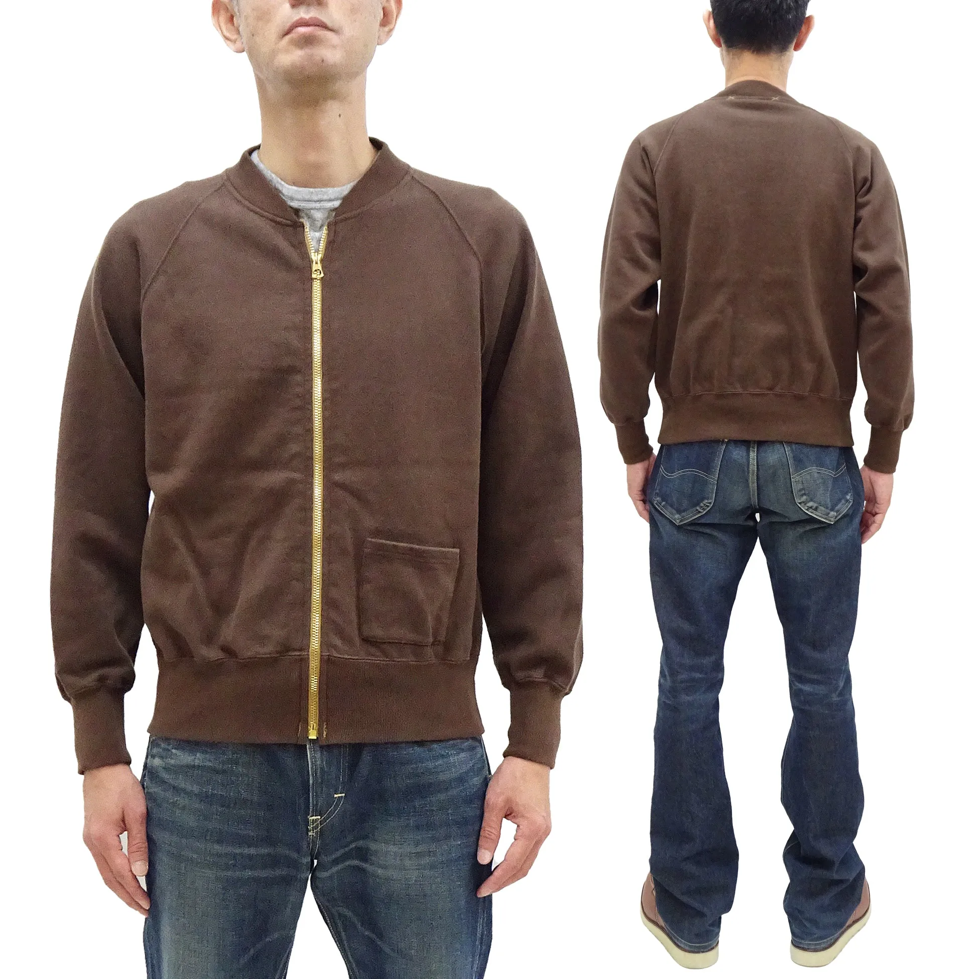 Buzz Rickson Cotton Jersey Zip-Up Top Men's WWII USAAF Type C-2 Style Front Zip Cardigan with Rib Panel BR69444 138 Brown