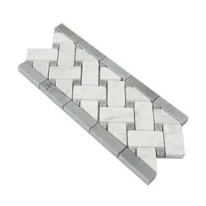 Carrara White Italian (Bianco Carrara) Marble Basketweave Border Mosaic Tile with Blue & Gray Marble Dots, Polished