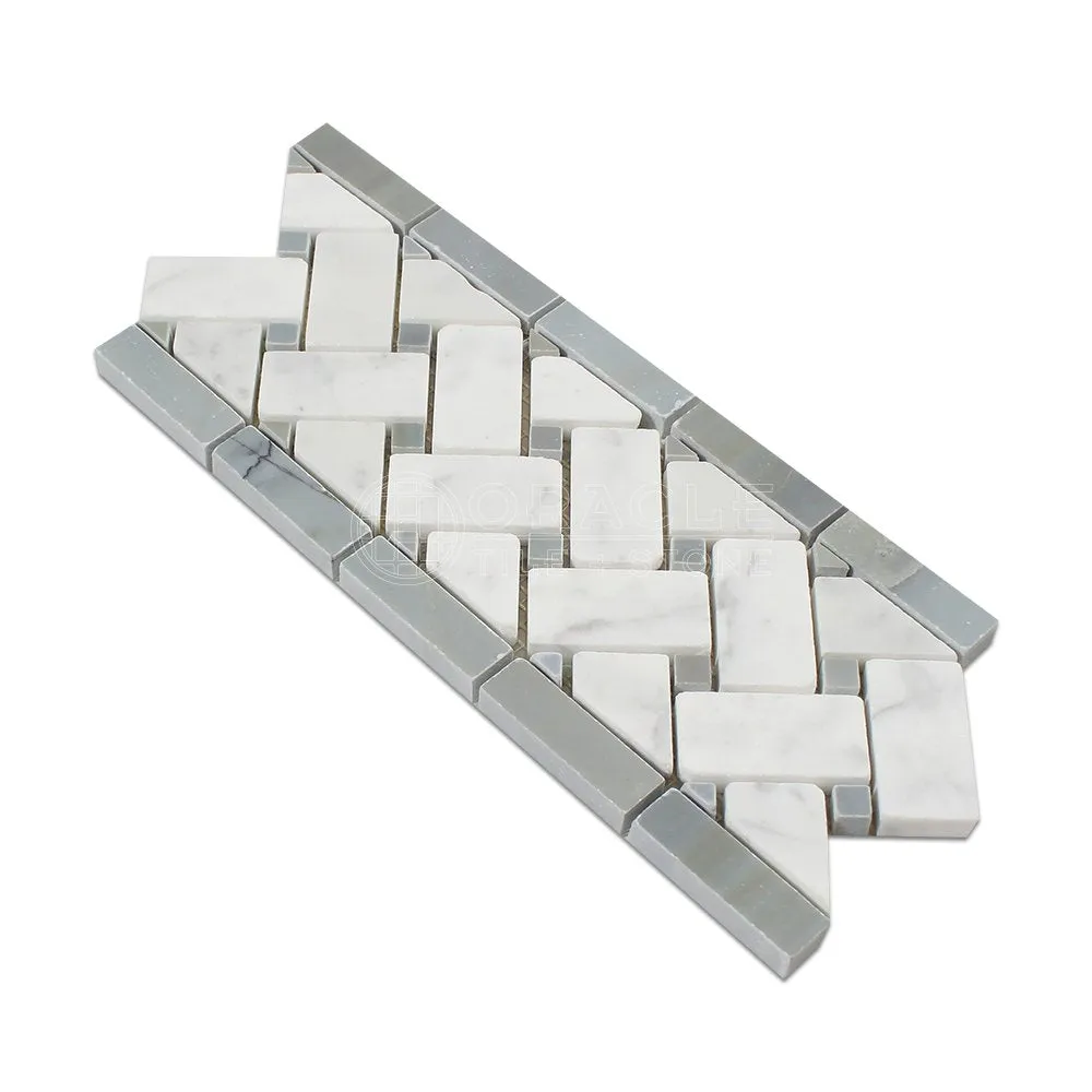 Carrara White Italian (Bianco Carrara) Marble Basketweave Border Mosaic Tile with Blue & Gray Marble Dots, Polished