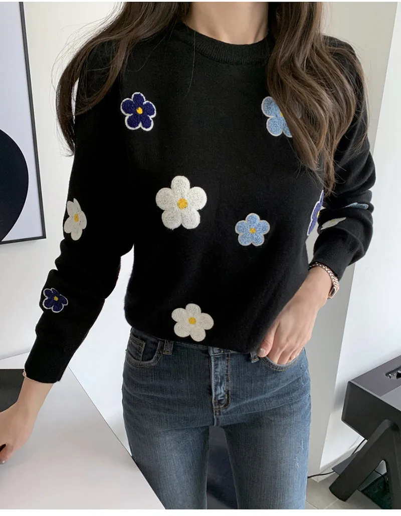 Casual Daisy Floral Embroidered Sweater