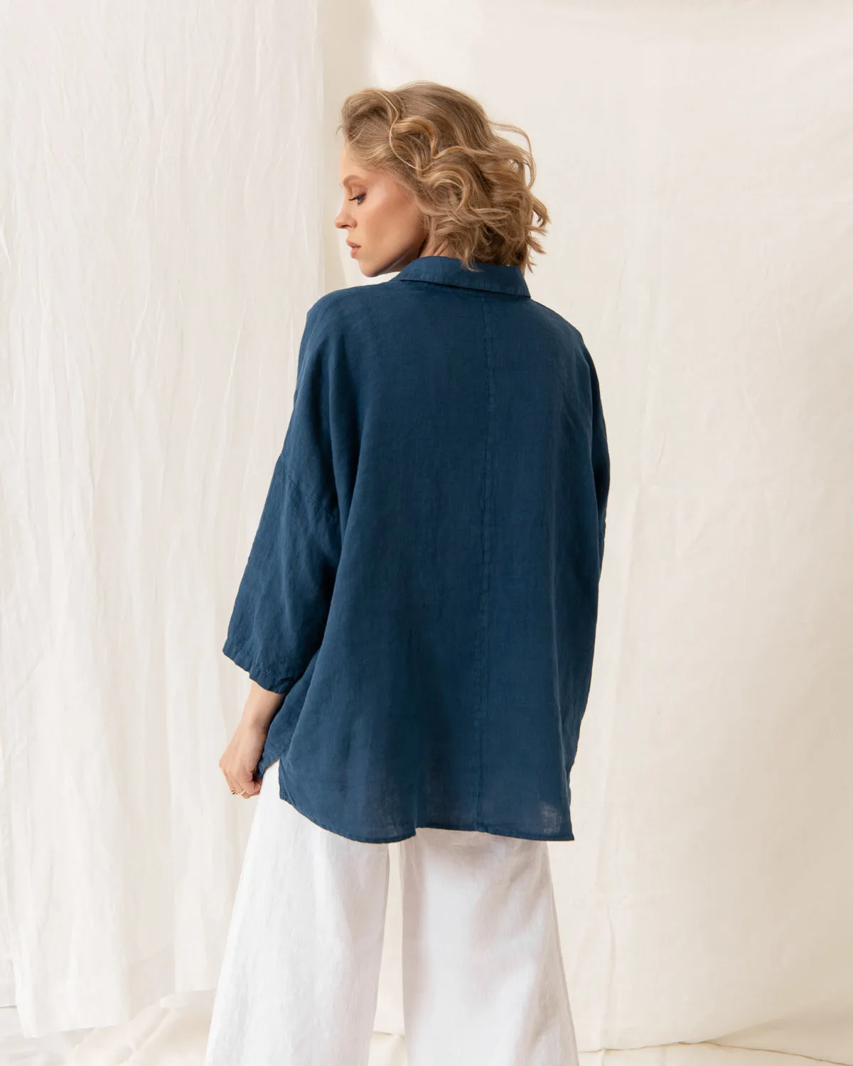 Cathy - Linen Blouse in Blue Denim