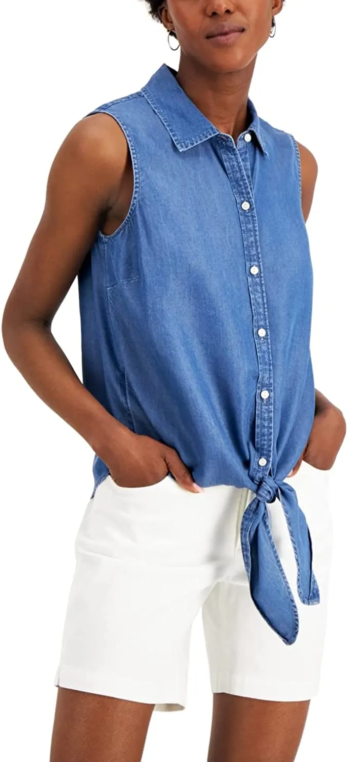 Charter Club Women's Cotton Tie Hem Sleeveless Shirt Blue Size 12