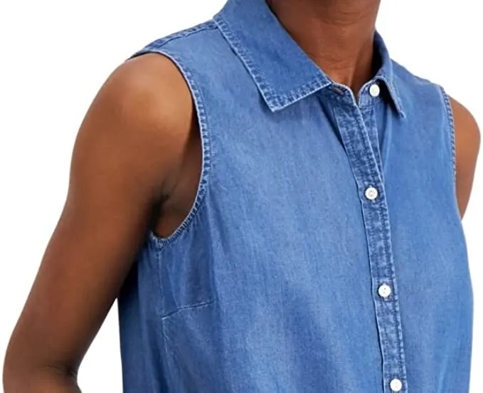 Charter Club Women's Cotton Tie Hem Sleeveless Shirt Blue Size 12
