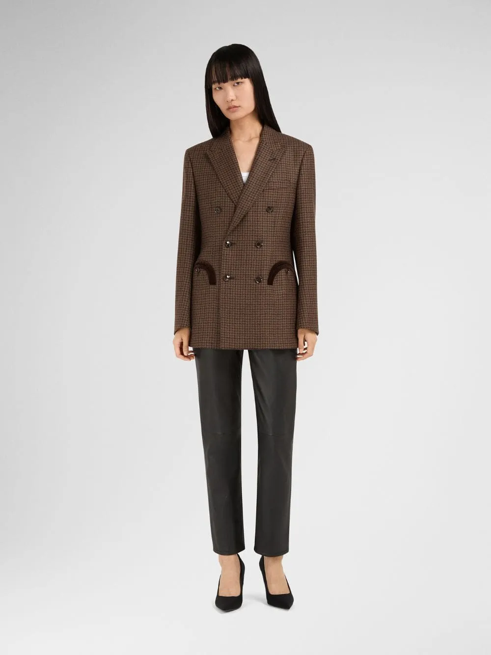Check-Pattern Peak-Lapels Wool Blazer