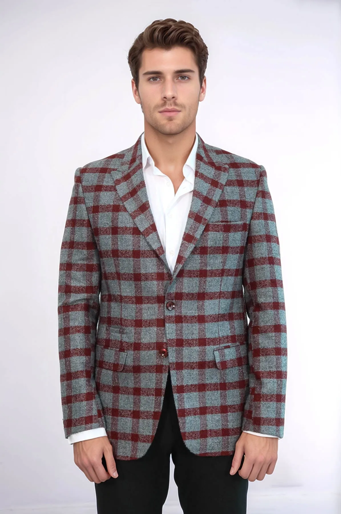 Checked Peak Lapel Slim-Fit Burgundy Men Blazer - Wessi