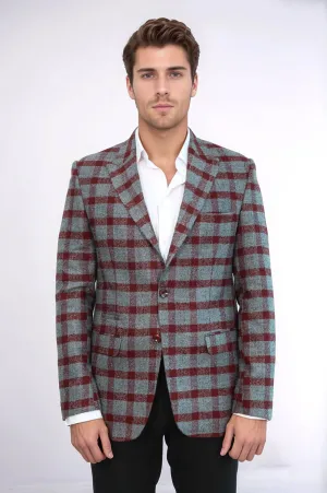 Checked Peak Lapel Slim-Fit Burgundy Men Blazer - Wessi
