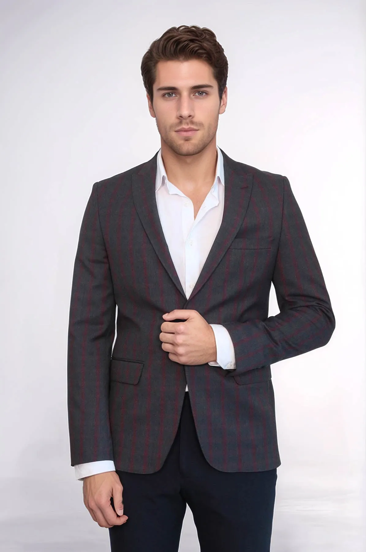Checked Slim-Fit Dark Grey Men Blazer - Wessi