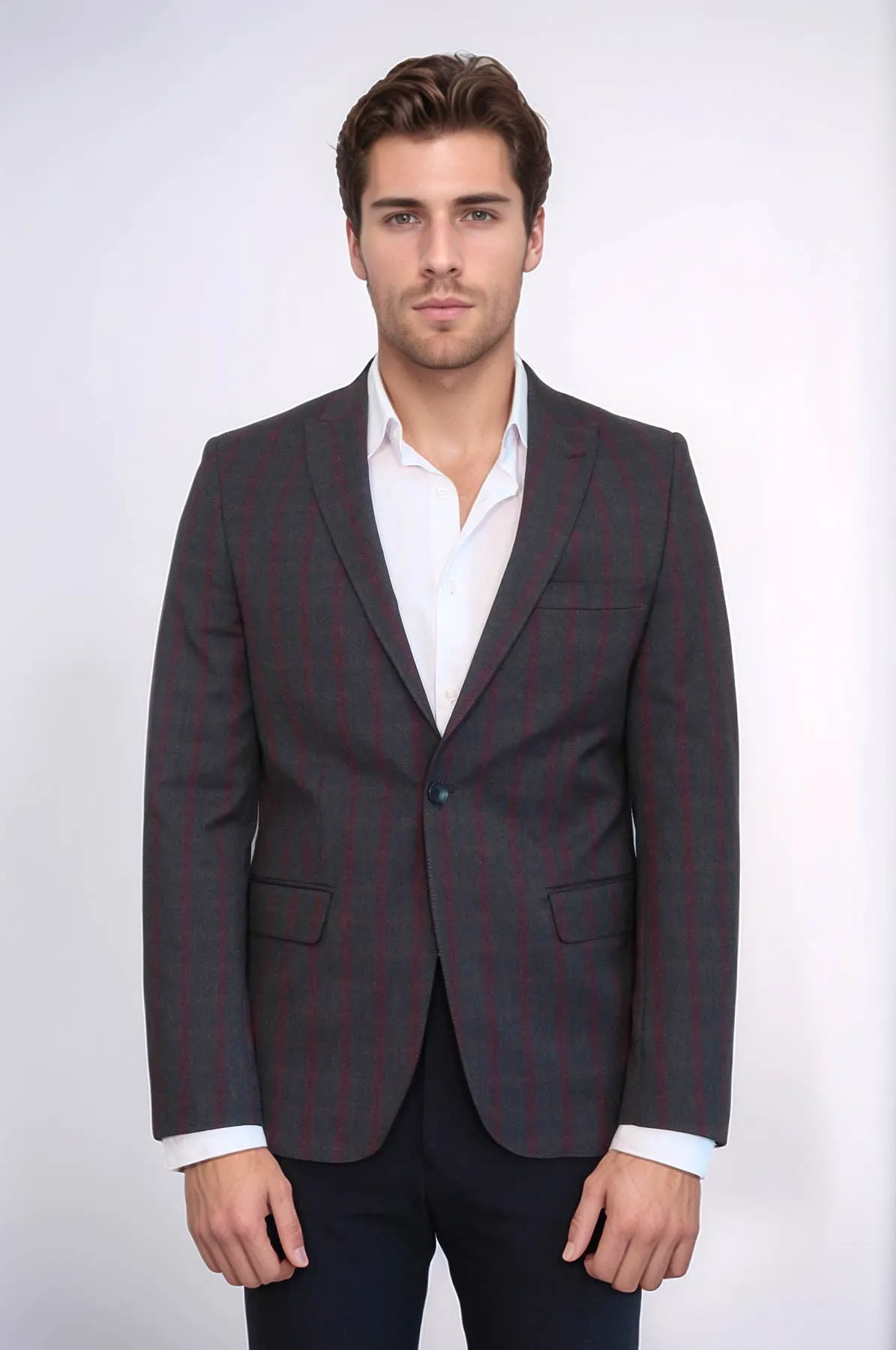 Checked Slim-Fit Dark Grey Men Blazer - Wessi