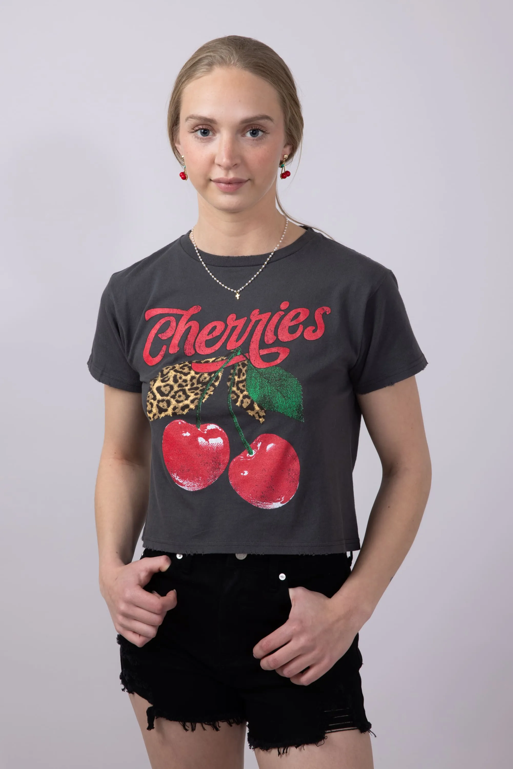 Cherries Leopard Graphic T-Shirt for Women in Grey Black | K9377-2473-BLACK