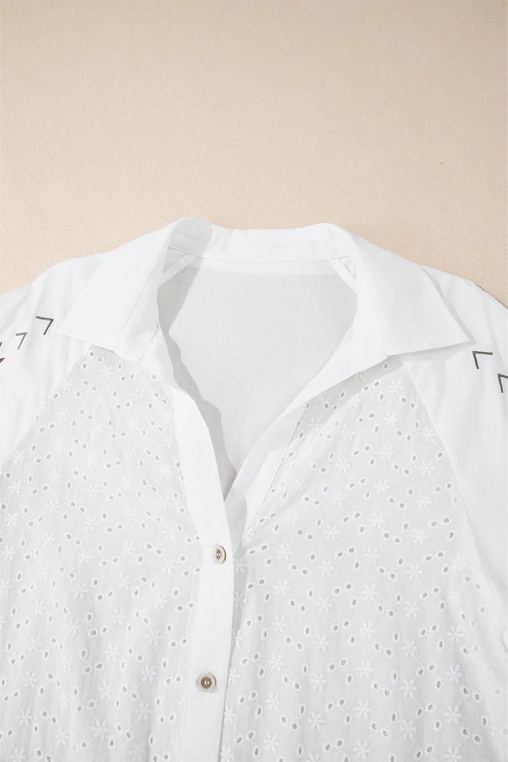 Chic And Sleek Floral Embroidered Puff Sleeve Eyelet Patchwork Top