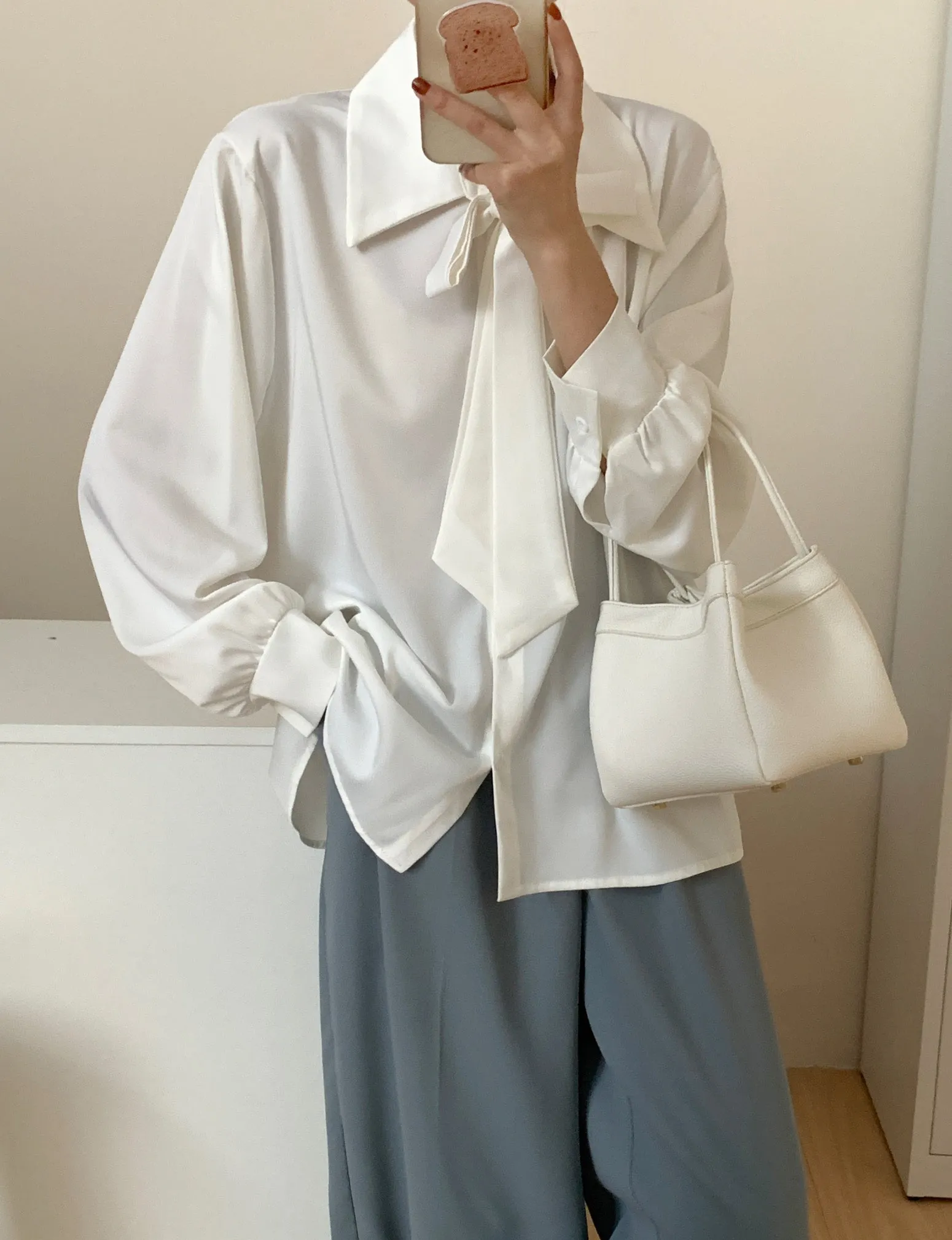 Chic Solid Satin Dress Shirt Featuring a Unique Bow Tie Neckline