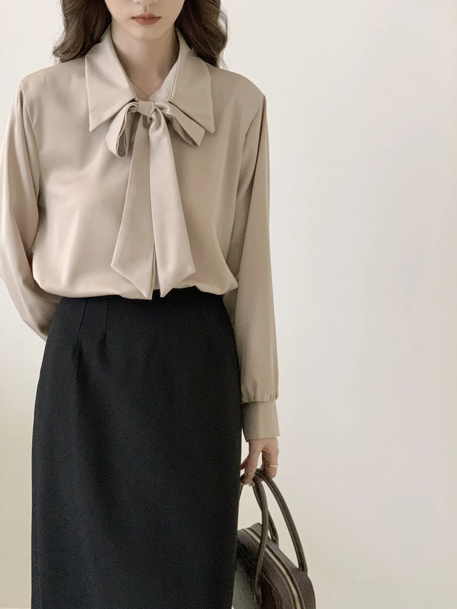 Chic Solid Satin Dress Shirt Featuring a Unique Bow Tie Neckline