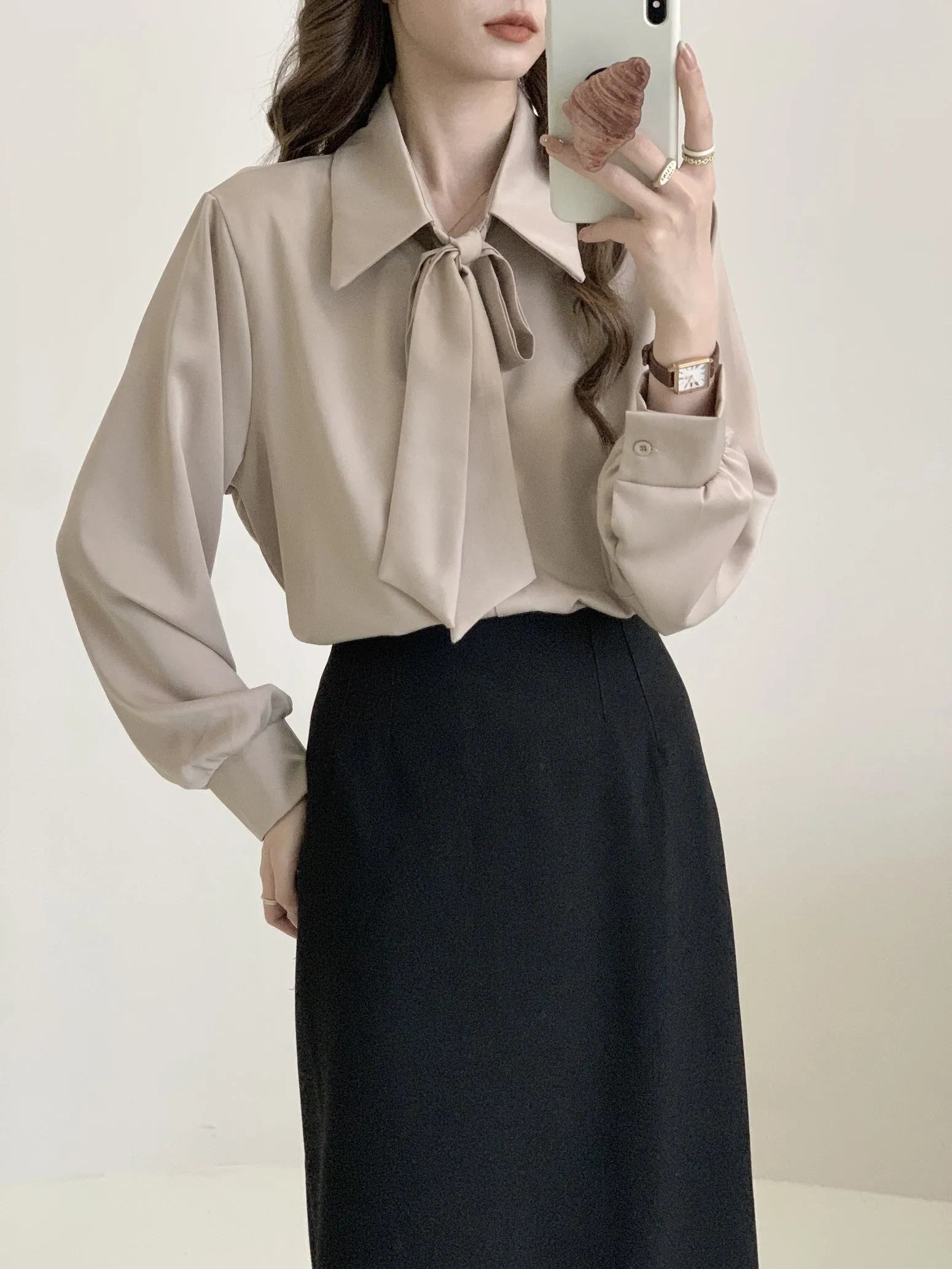 Chic Solid Satin Dress Shirt Featuring a Unique Bow Tie Neckline