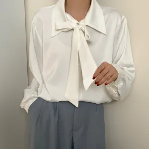 Chic Solid Satin Dress Shirt Featuring a Unique Bow Tie Neckline