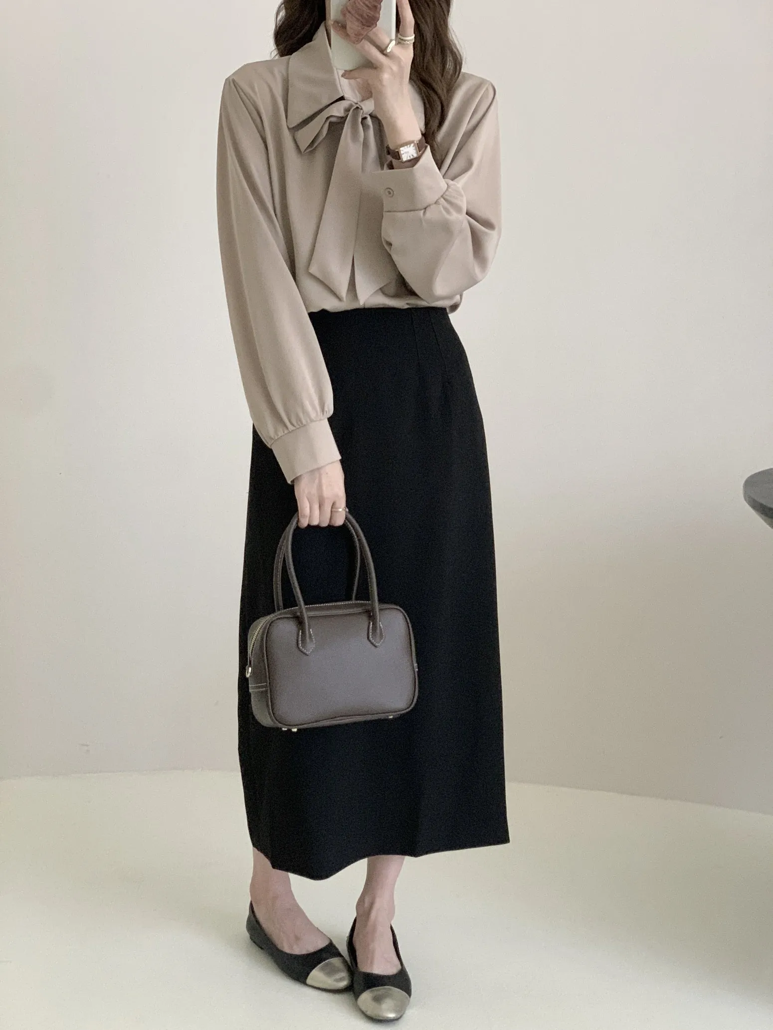 Chic Solid Satin Dress Shirt Featuring a Unique Bow Tie Neckline