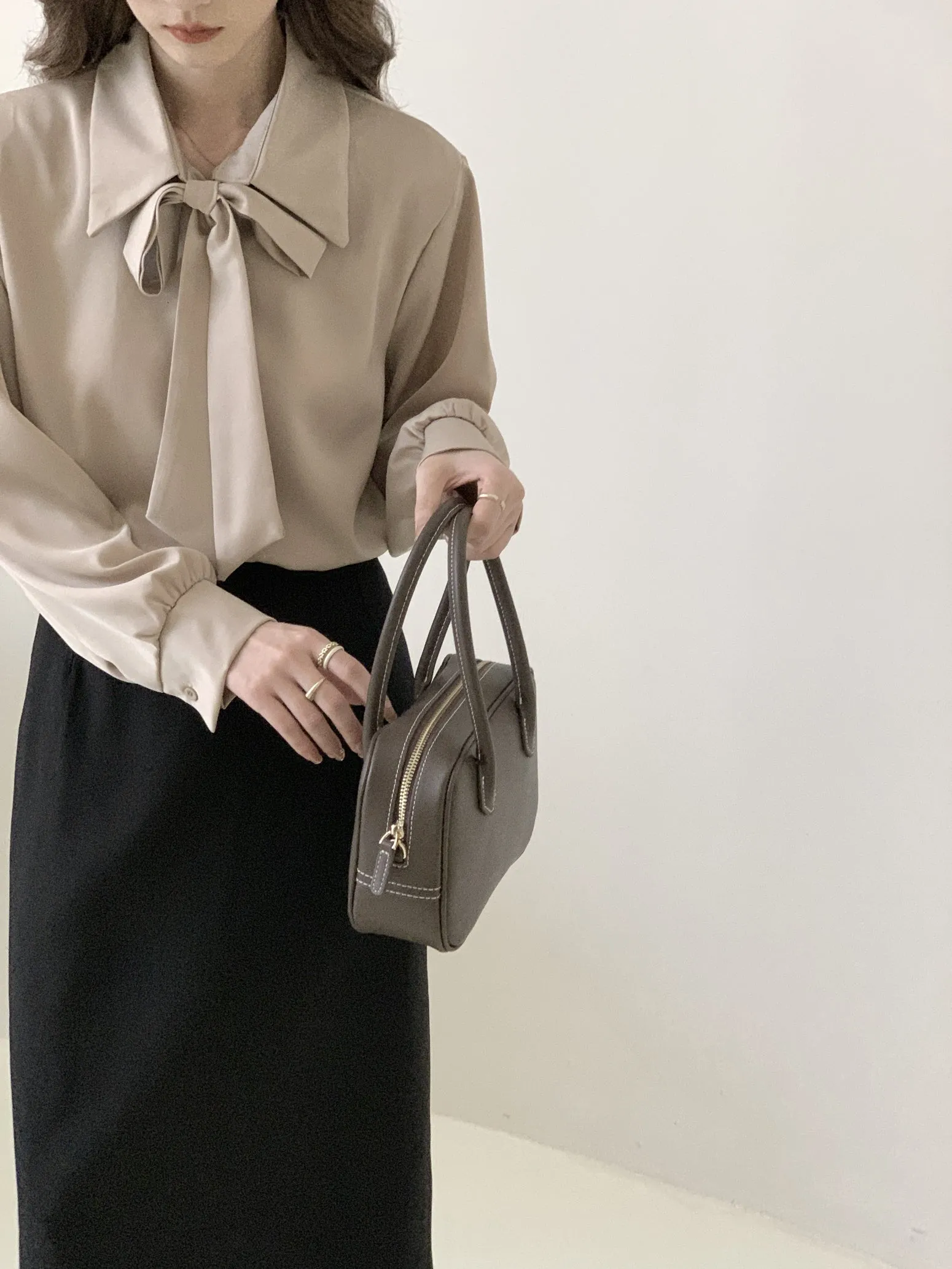 Chic Solid Satin Dress Shirt Featuring a Unique Bow Tie Neckline
