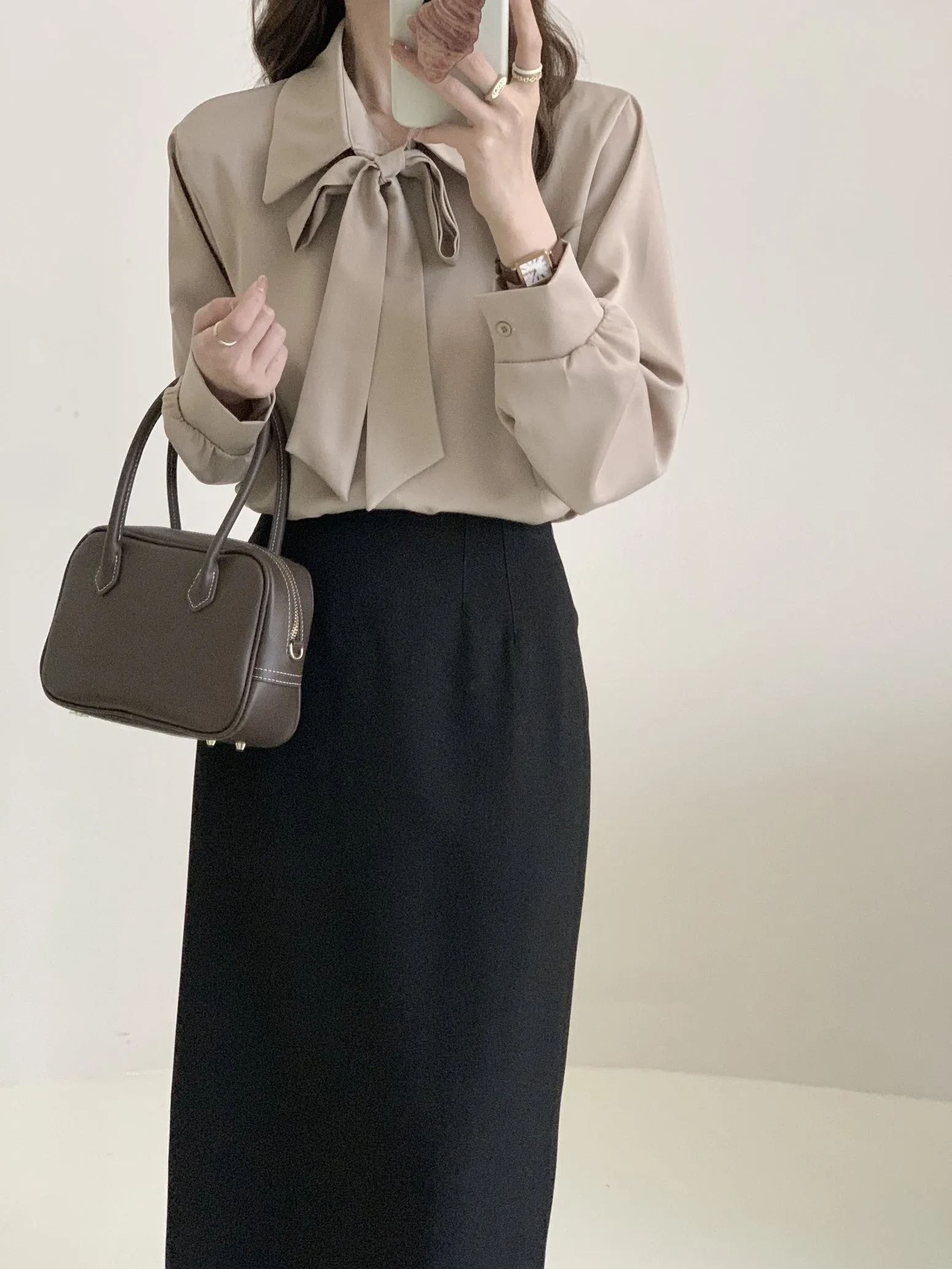Chic Solid Satin Dress Shirt Featuring a Unique Bow Tie Neckline