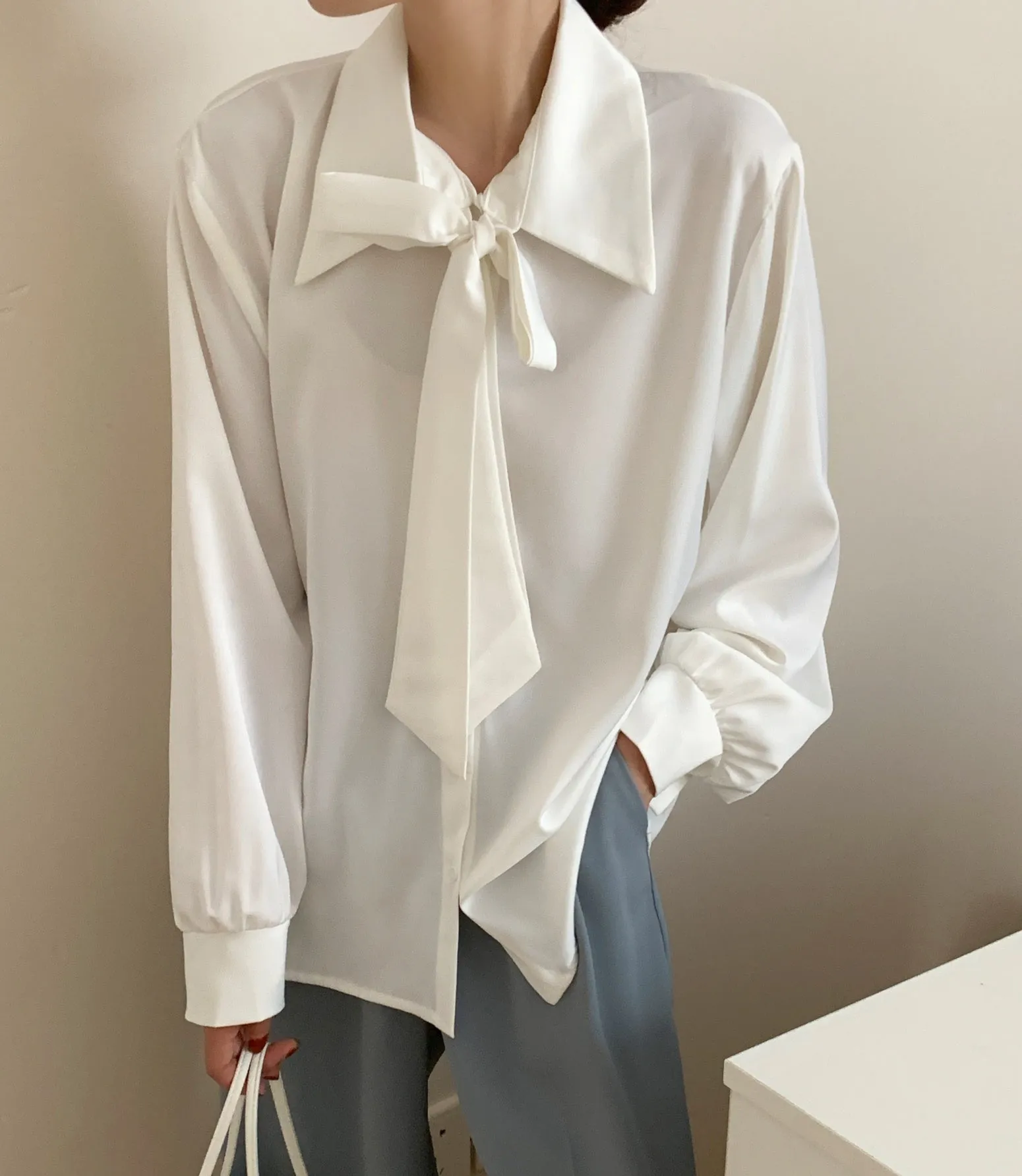 Chic Solid Satin Dress Shirt Featuring a Unique Bow Tie Neckline