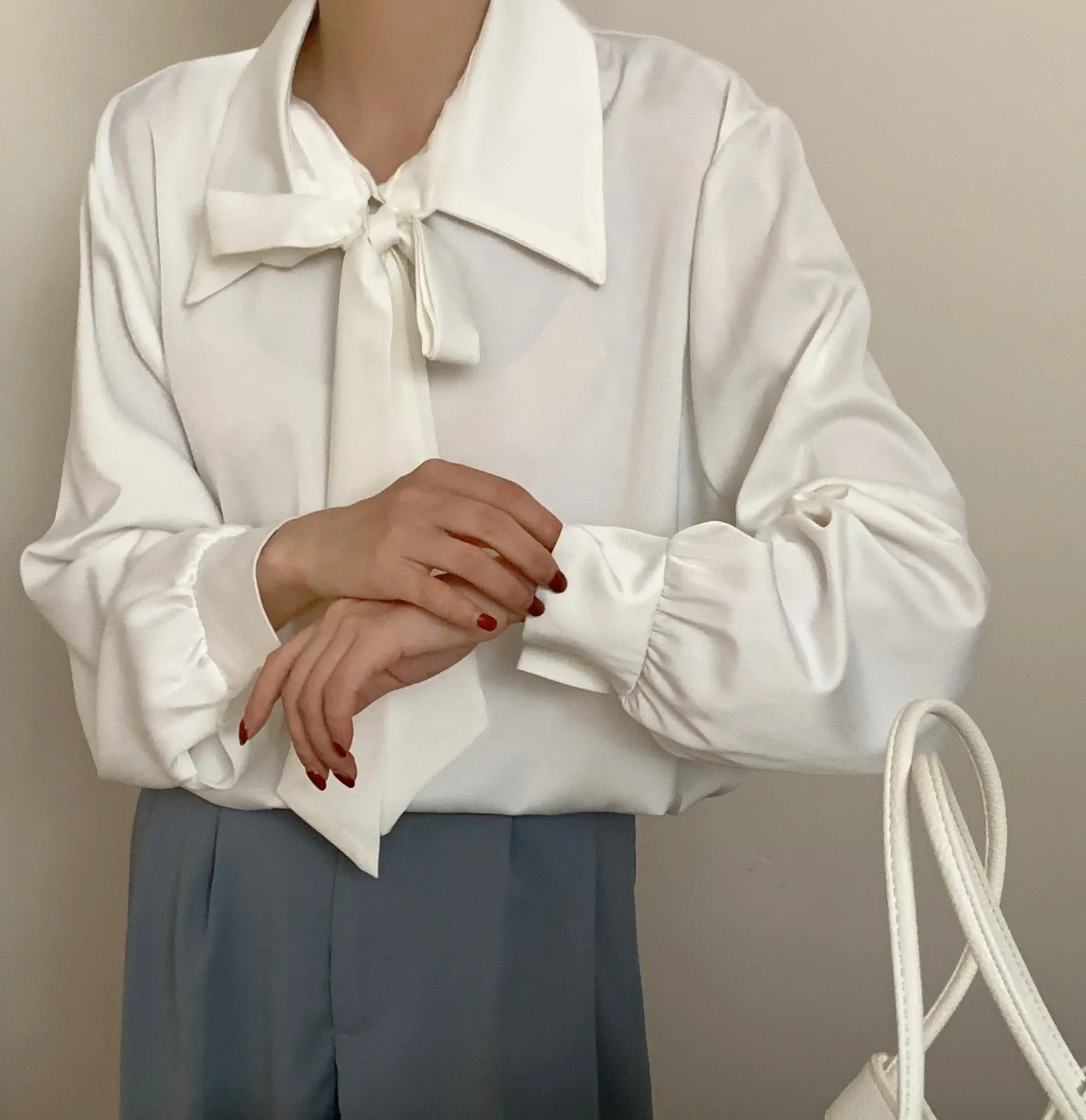 Chic Solid Satin Dress Shirt Featuring a Unique Bow Tie Neckline