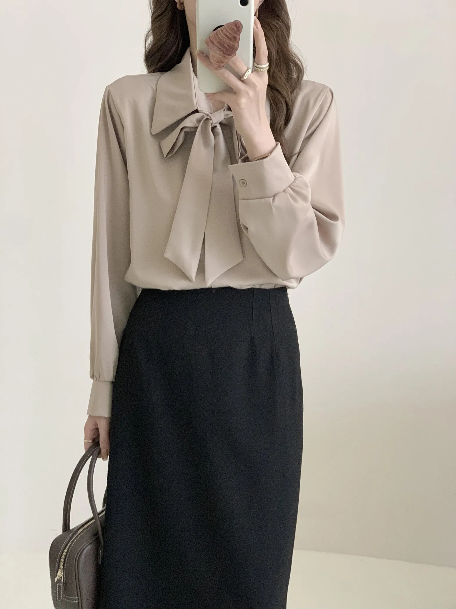Chic Solid Satin Dress Shirt Featuring a Unique Bow Tie Neckline