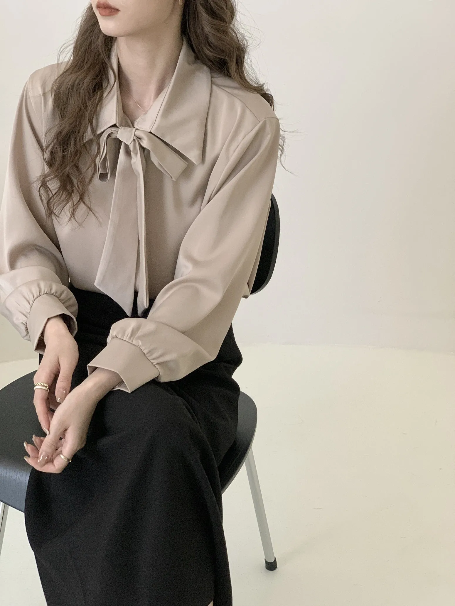Chic Solid Satin Dress Shirt Featuring a Unique Bow Tie Neckline