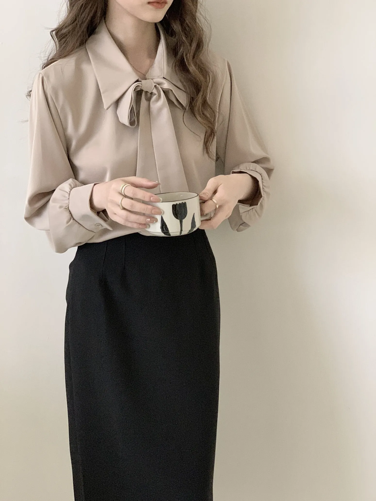 Chic Solid Satin Dress Shirt Featuring a Unique Bow Tie Neckline