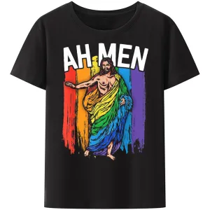 Christianartbag Funny T-Shirt, Ah Men Funny LGBT Gay Pride Jesus Rainbow Flag, Christian humor, Funny religious shirts, Unisex T-shirt.