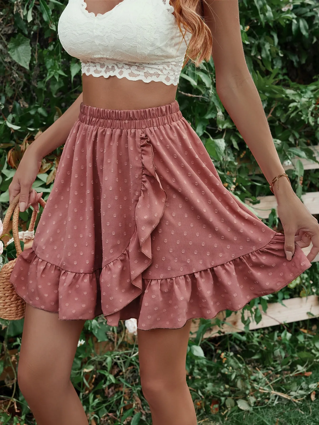 Coral Mini Wrap Skirt With Ruffle Detail