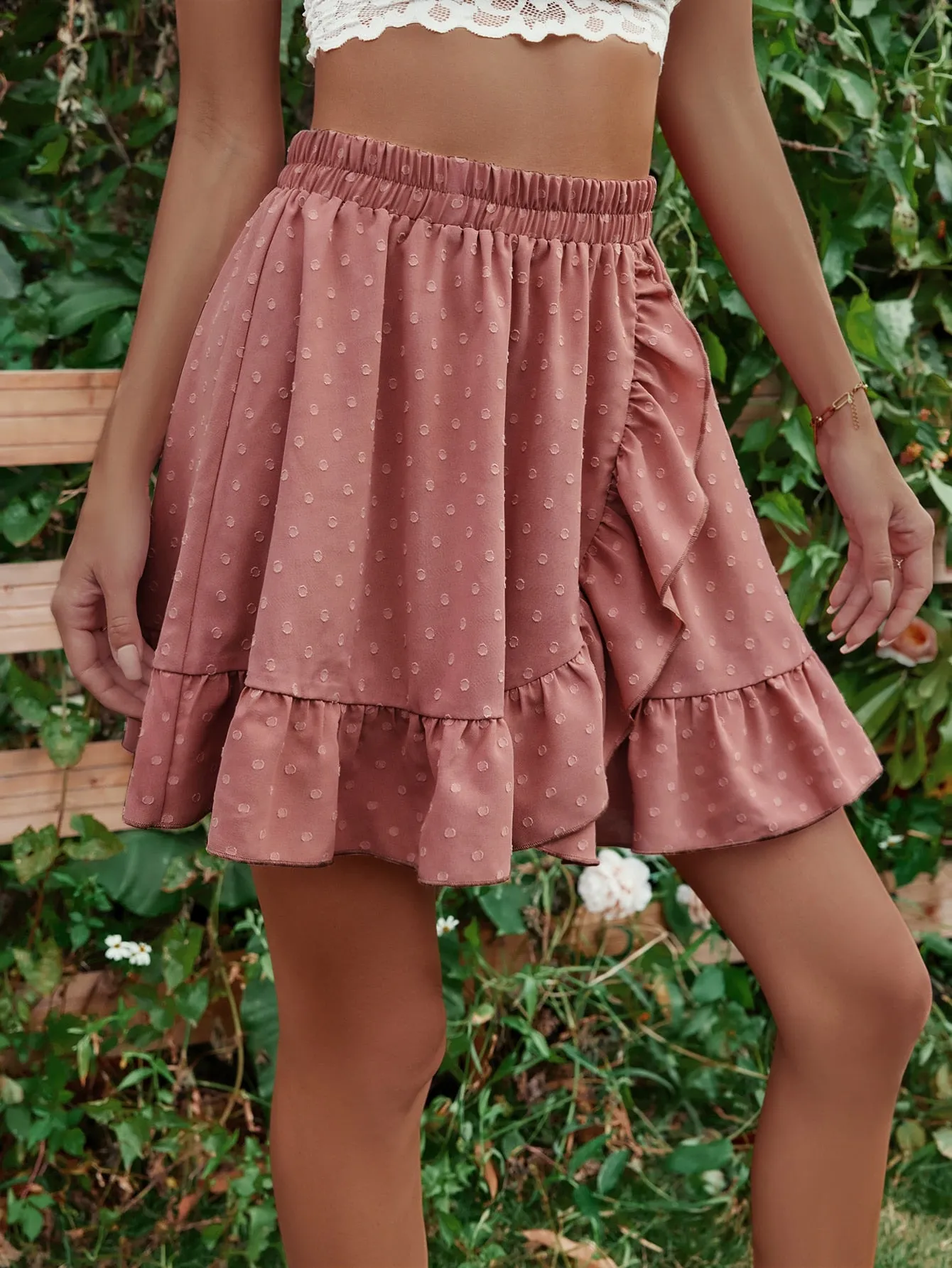 Coral Mini Wrap Skirt With Ruffle Detail