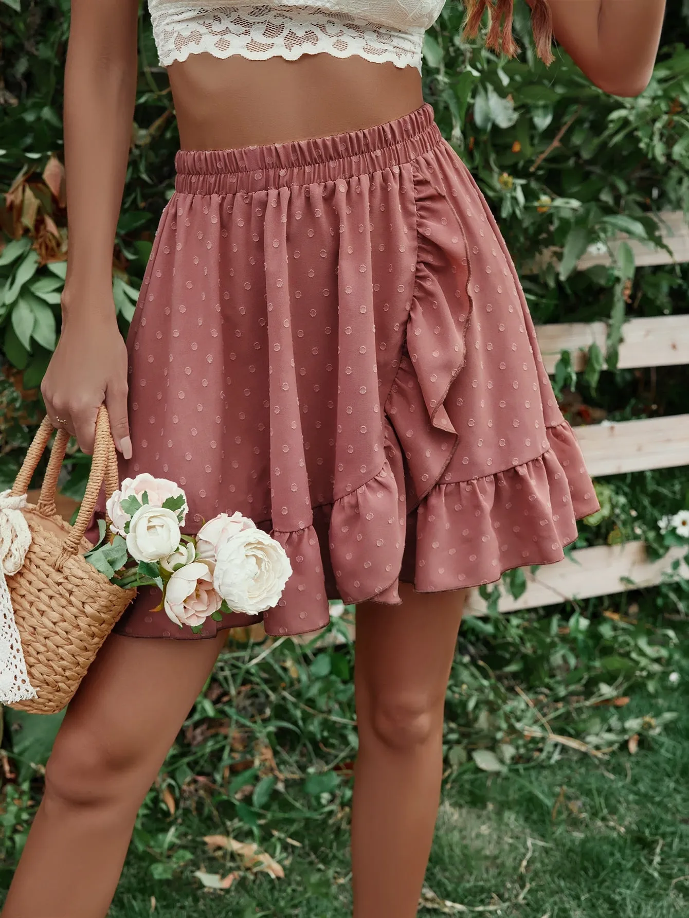 Coral Mini Wrap Skirt With Ruffle Detail