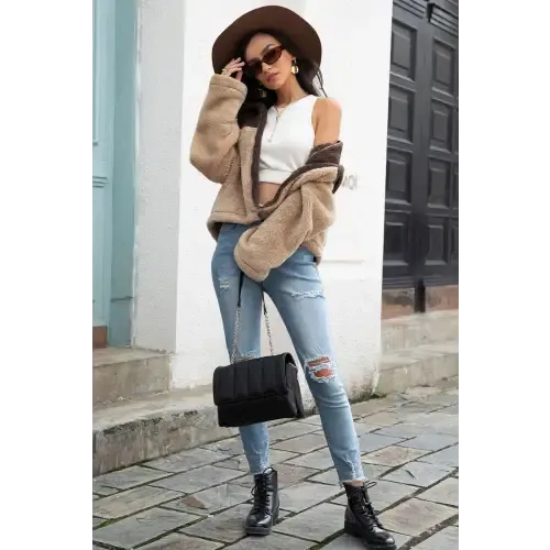 Cozy Up in Our Stylish Two-Tone Collared Neck Fuzzy Jacket