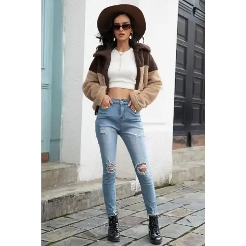 Cozy Up in Our Stylish Two-Tone Collared Neck Fuzzy Jacket