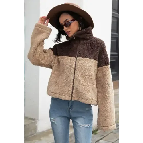 Cozy Up in Our Stylish Two-Tone Collared Neck Fuzzy Jacket