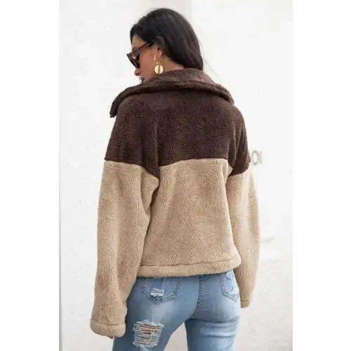 Cozy Up in Our Stylish Two-Tone Collared Neck Fuzzy Jacket