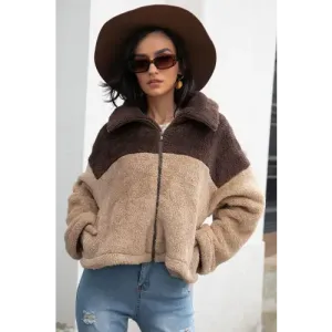 Cozy Up in Our Stylish Two-Tone Collared Neck Fuzzy Jacket