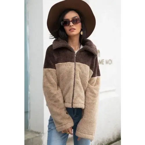 Cozy Up in Our Stylish Two-Tone Collared Neck Fuzzy Jacket