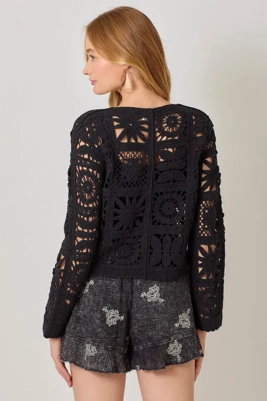 Crochet Button Up Cardigan - Black