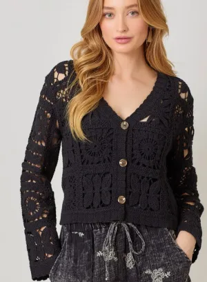 Crochet Button Up Cardigan - Black