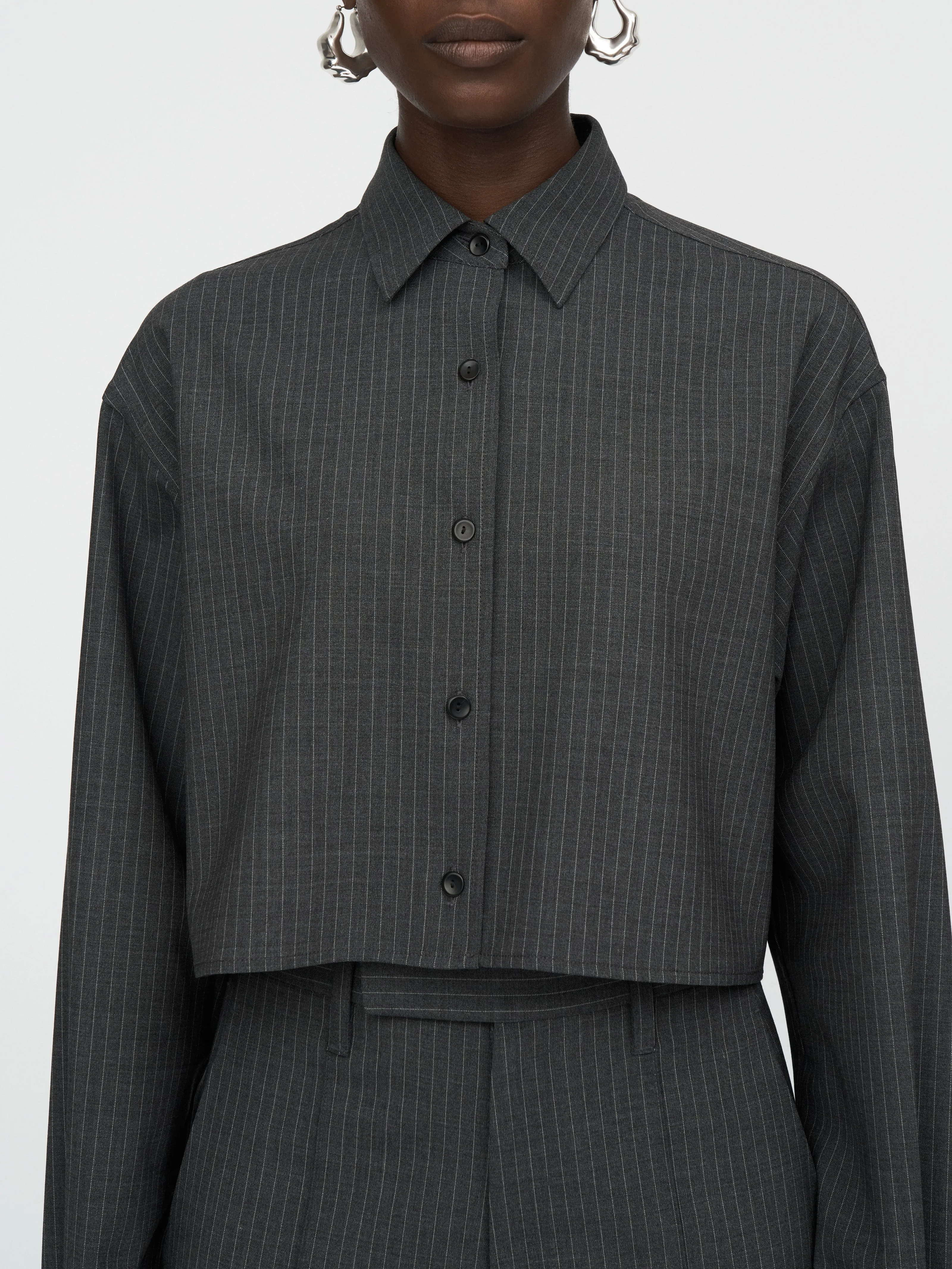 Crop Shirt in Charcoal Pinstripe