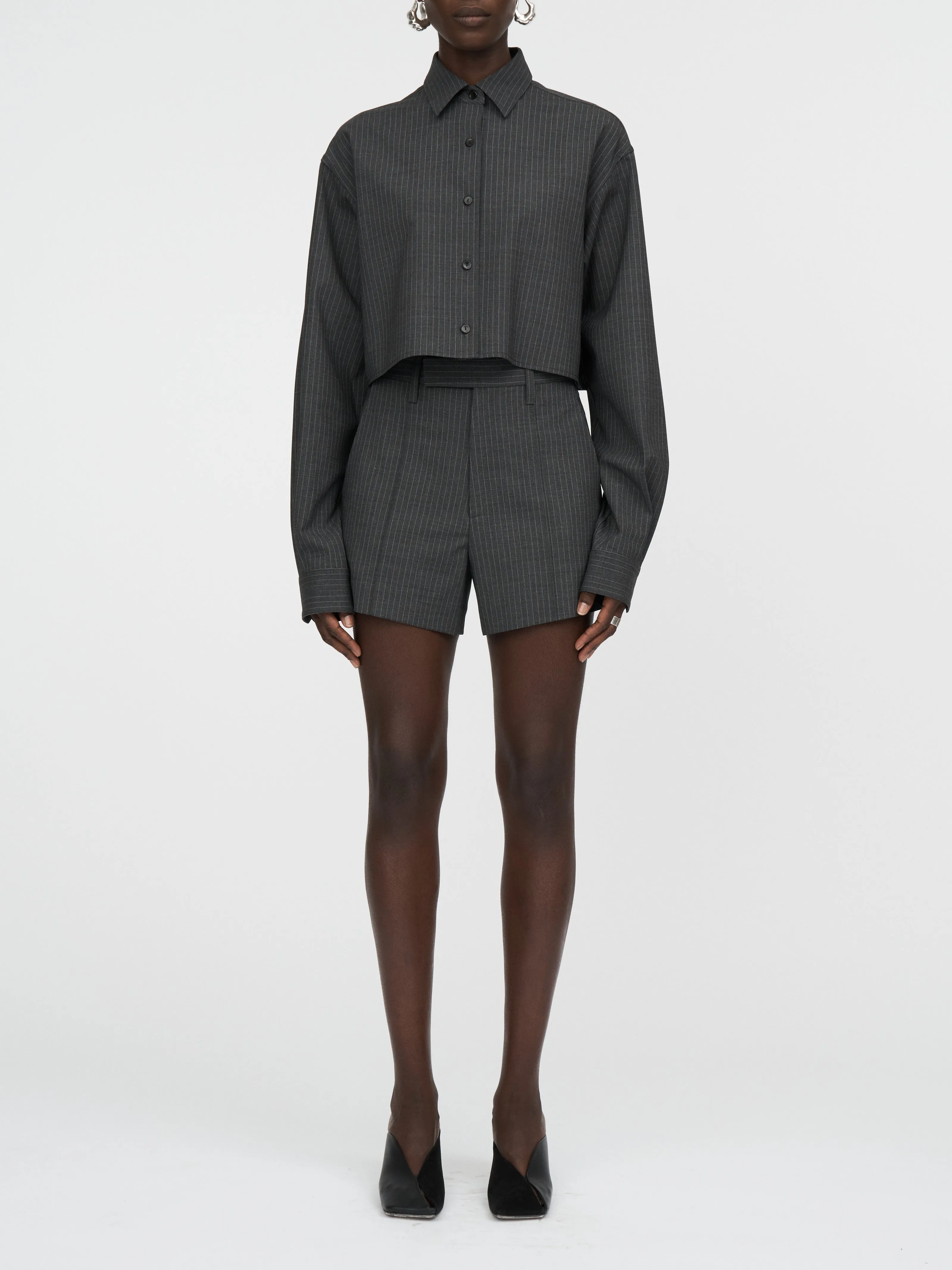 Crop Shirt in Charcoal Pinstripe