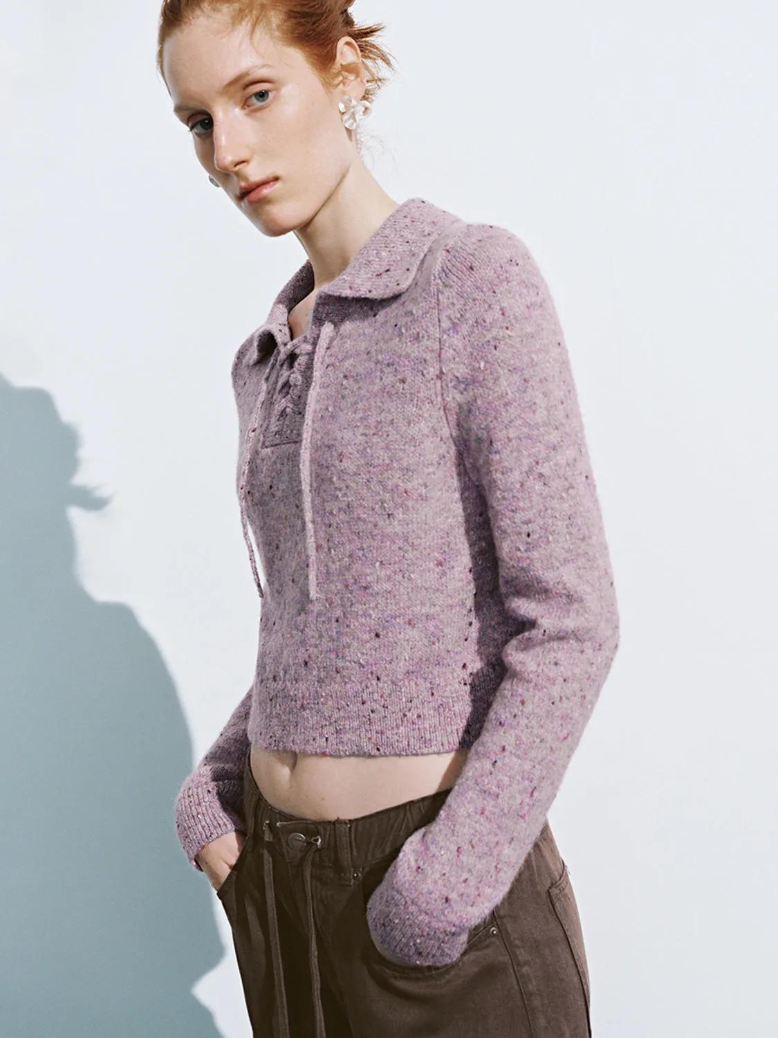 Cropped Lace-Up Knitted T-Shirts