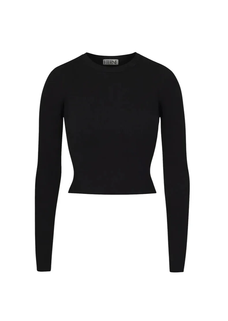 Cropped Long Sleeve Fitted Top - Black