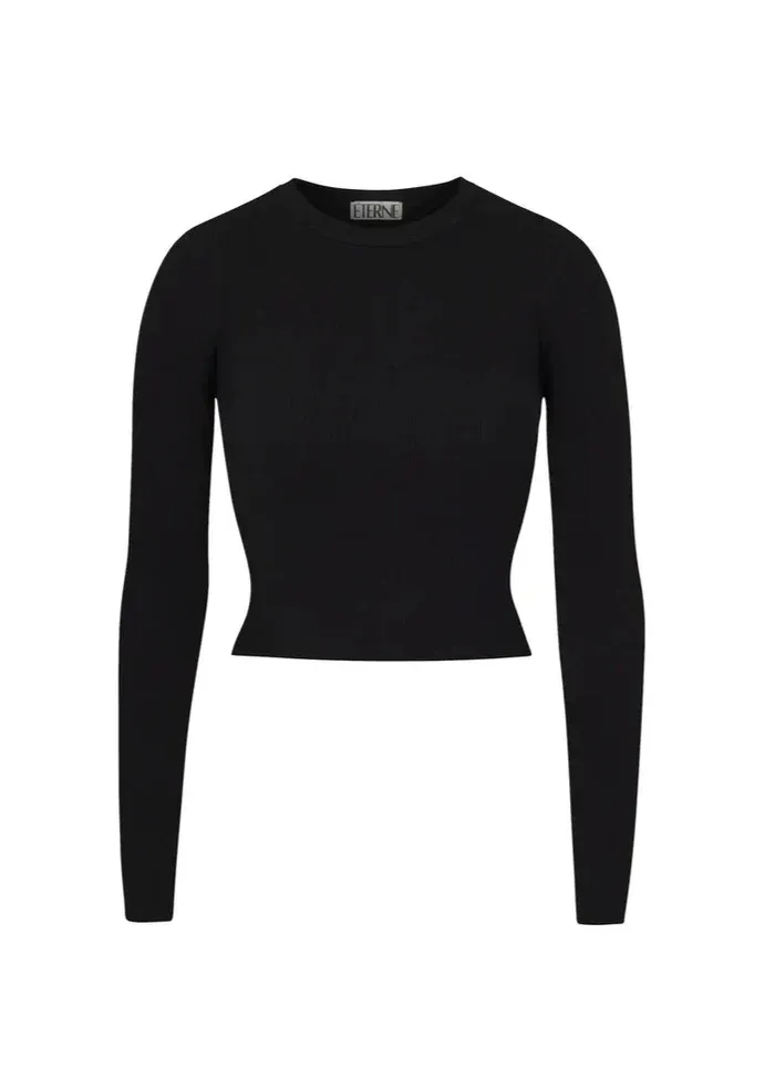 Cropped Long Sleeve Fitted Top - Black