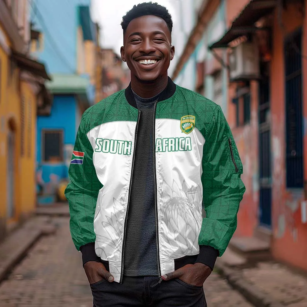 Custom Afro South Africa Cricket Sleeve Zip Bomber Jacket Go Proteas - African Pattern LT15