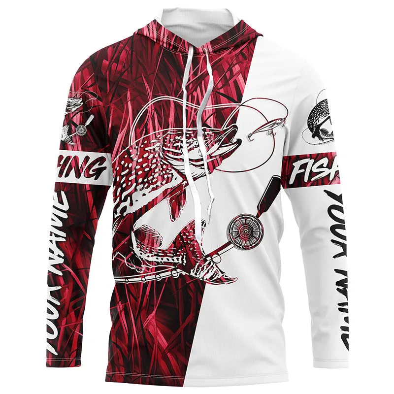 Custom Pike Fishing Tattoo Red Grass Camo Long Sleeve Fishing Shirts, Pike Fishing Jerseys IPHW6084